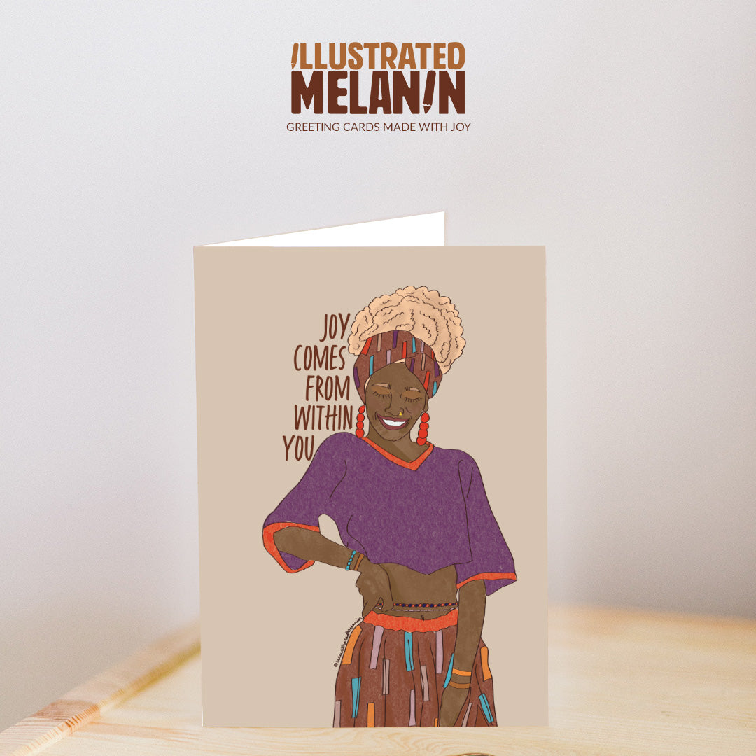Joy Comes from Within greeting card mockup with illustration of Black woman in headwrap and stacked text that reads joy comes from within