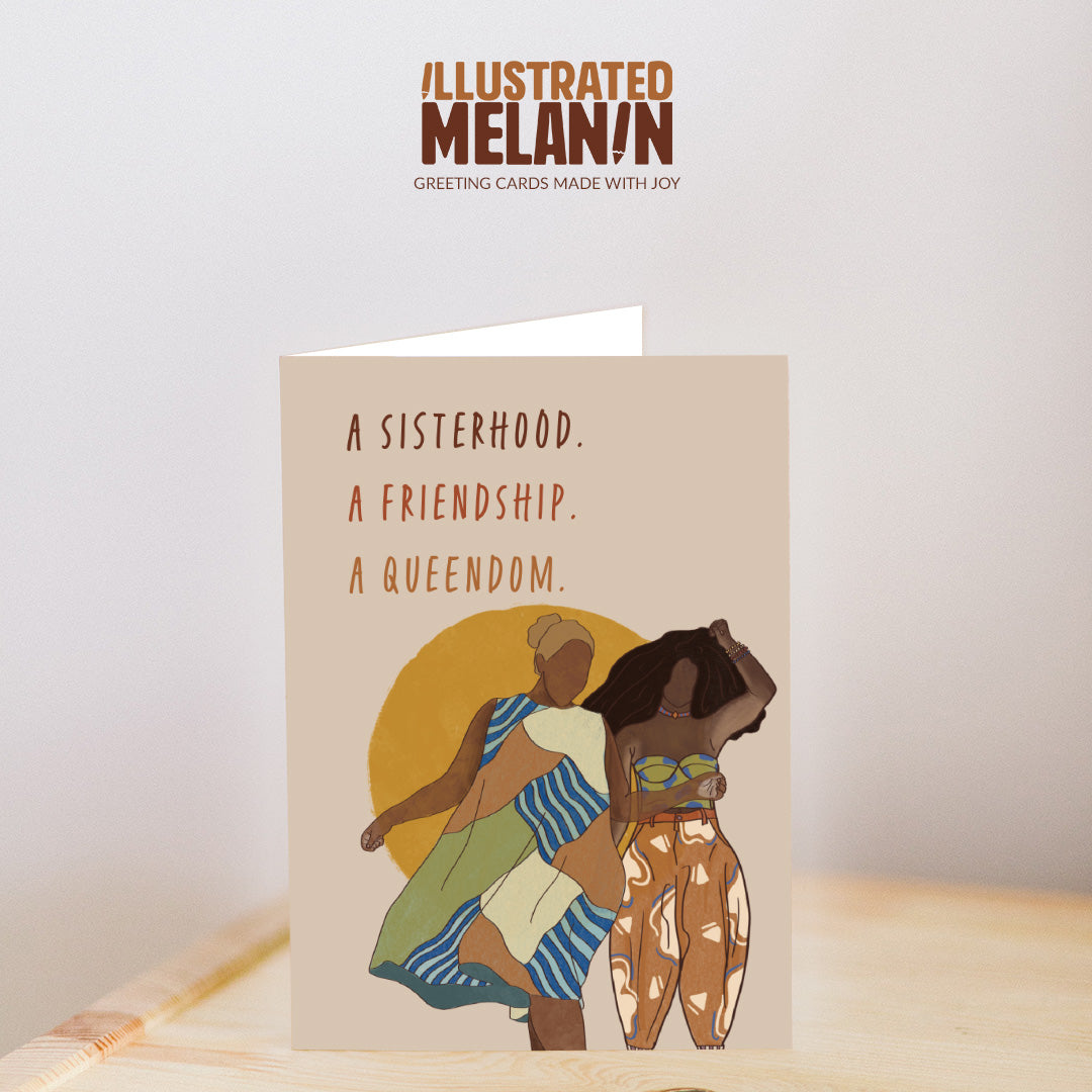greeting card mock up that reads a sisterhood, a friendship, a queendom with illustrations of two black women standing next to each other in front of the sun
