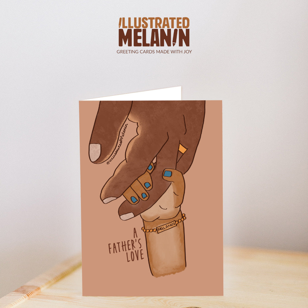 a fathers love greeting card mockup with illustration of a little black girls hand holding one of her father's fingers