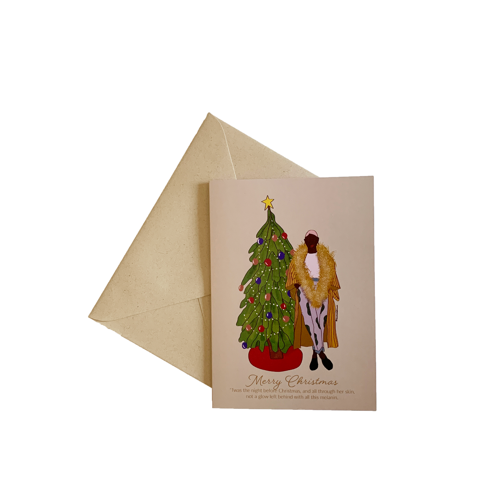 festive christmas card on blank background with illustration of a christmas tree and black woman with oversized gold garland around her neck