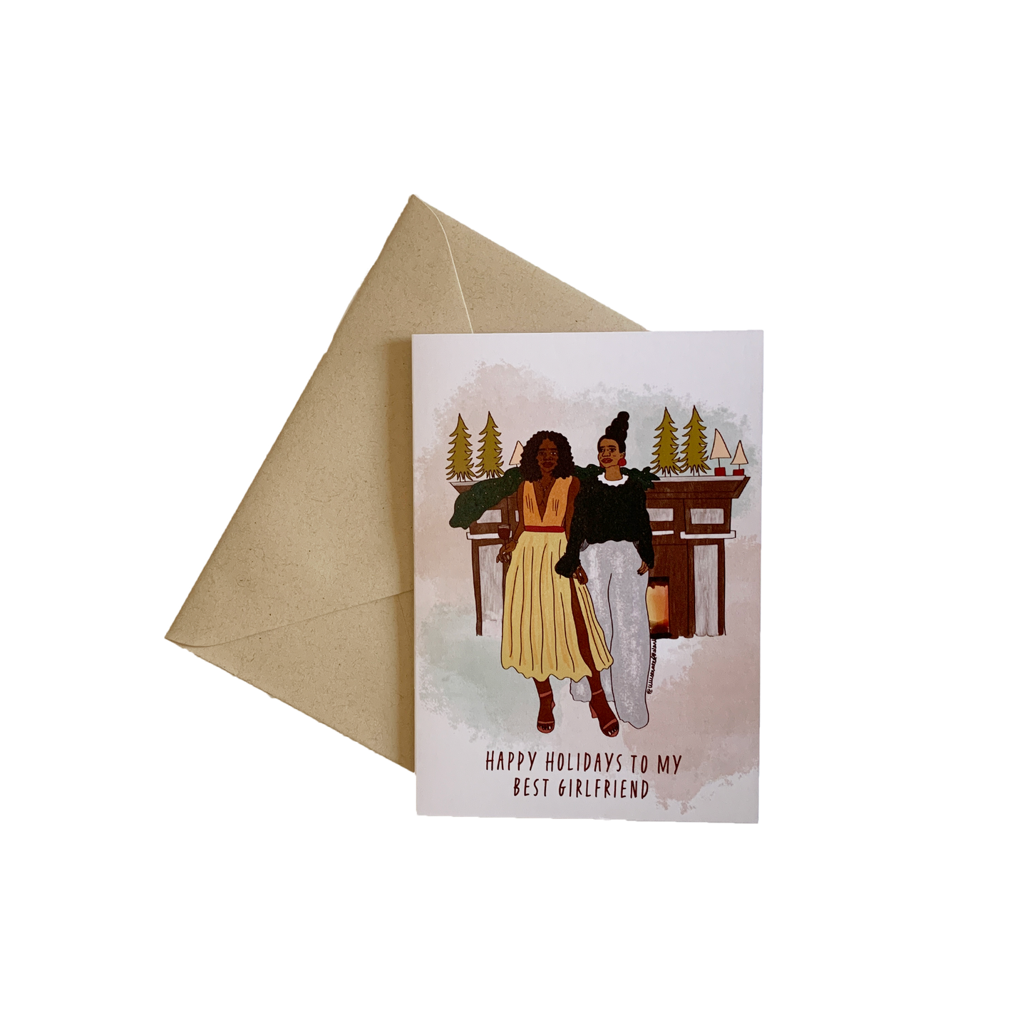 black women illustrated on a white greeting card representing holiday cheer wearing fancy outfits while holding hands in front of the fireplace
