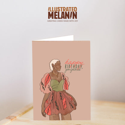 mock up view of black women standing in floral dress on pink background