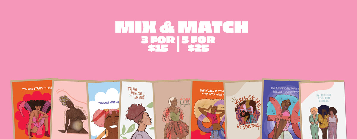 A pink background graphic with greeting card samples that reads in white text,  mix and match 3 for $15 and 5 for $25