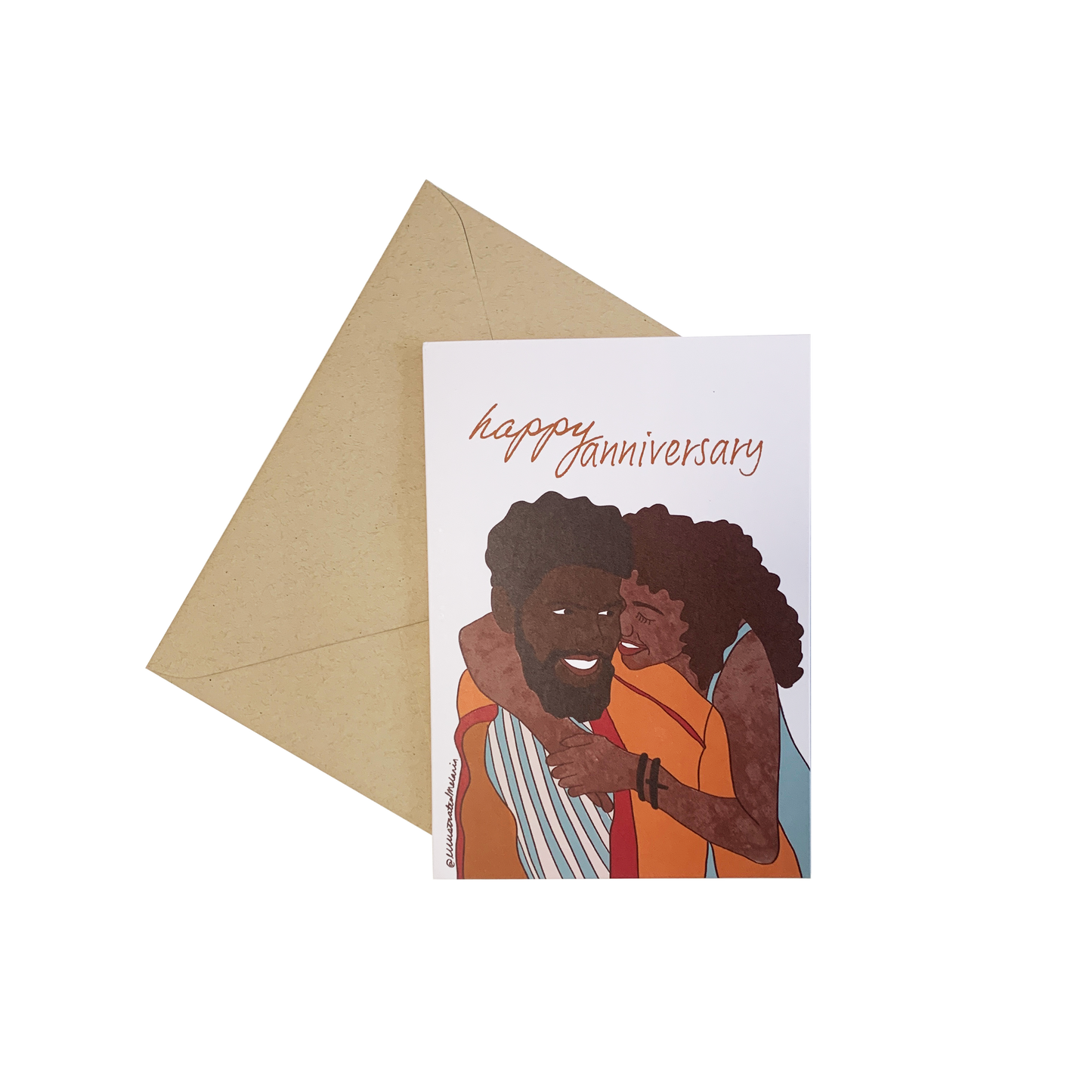 happy anniversary greeting card on a kraft envelope on transparent background with a couple embracing while smiling at each other