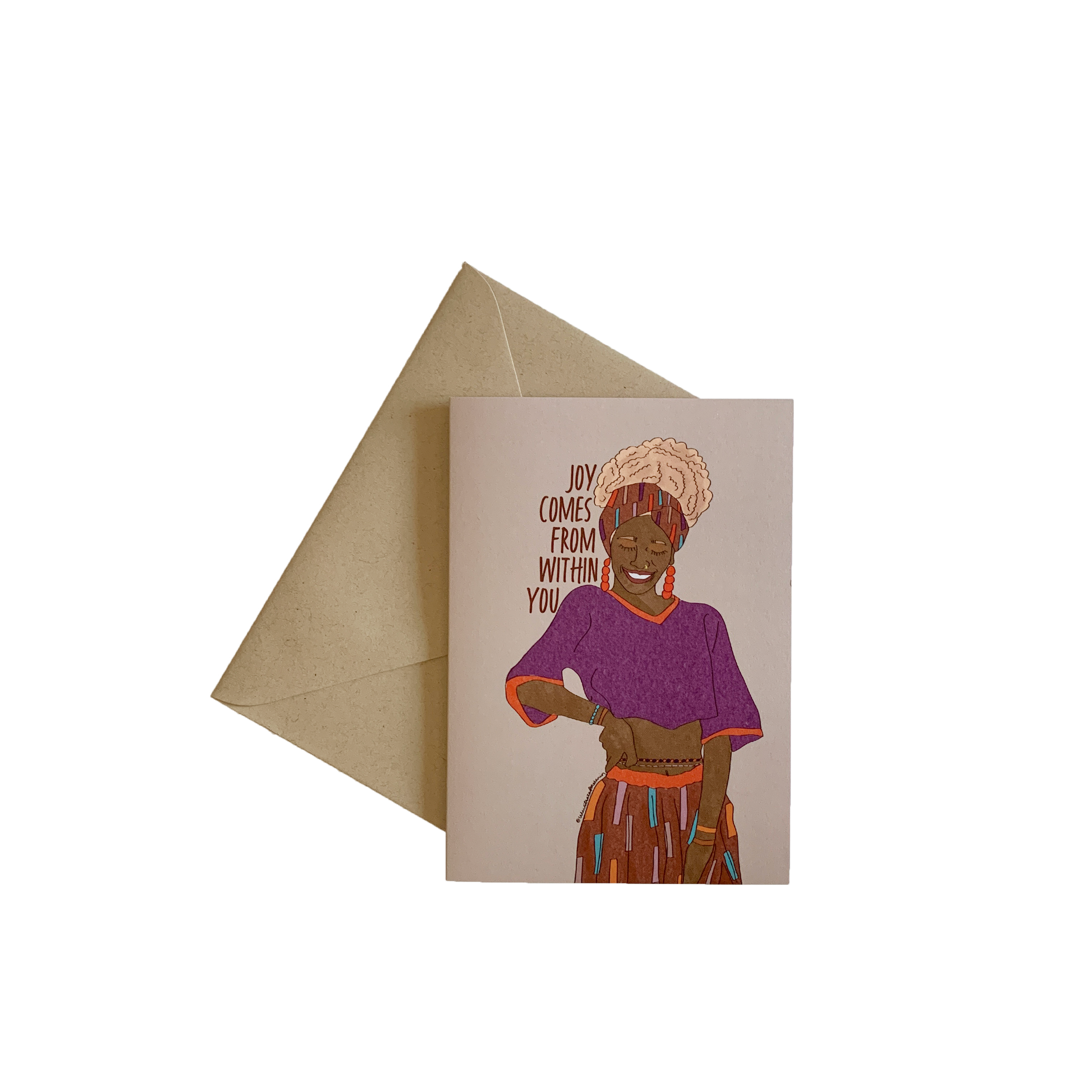 Joy Comes from Within greeting card with illustration of Black woman in headwrap on blank background